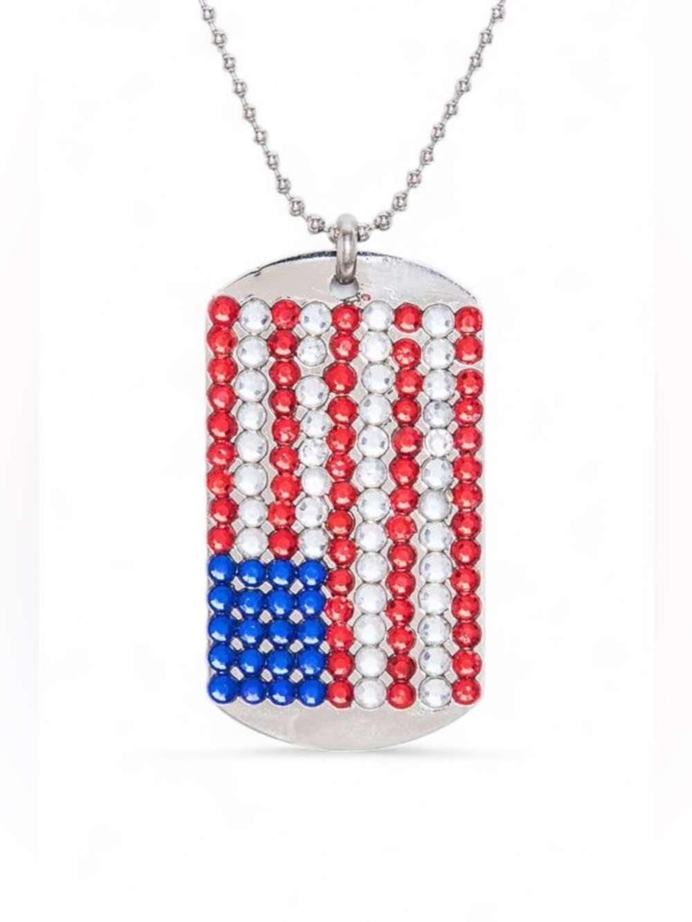 Crystal U.S. Flag Pendant Necklace Silver Patriotic Rhinestone Dog Tag Chain